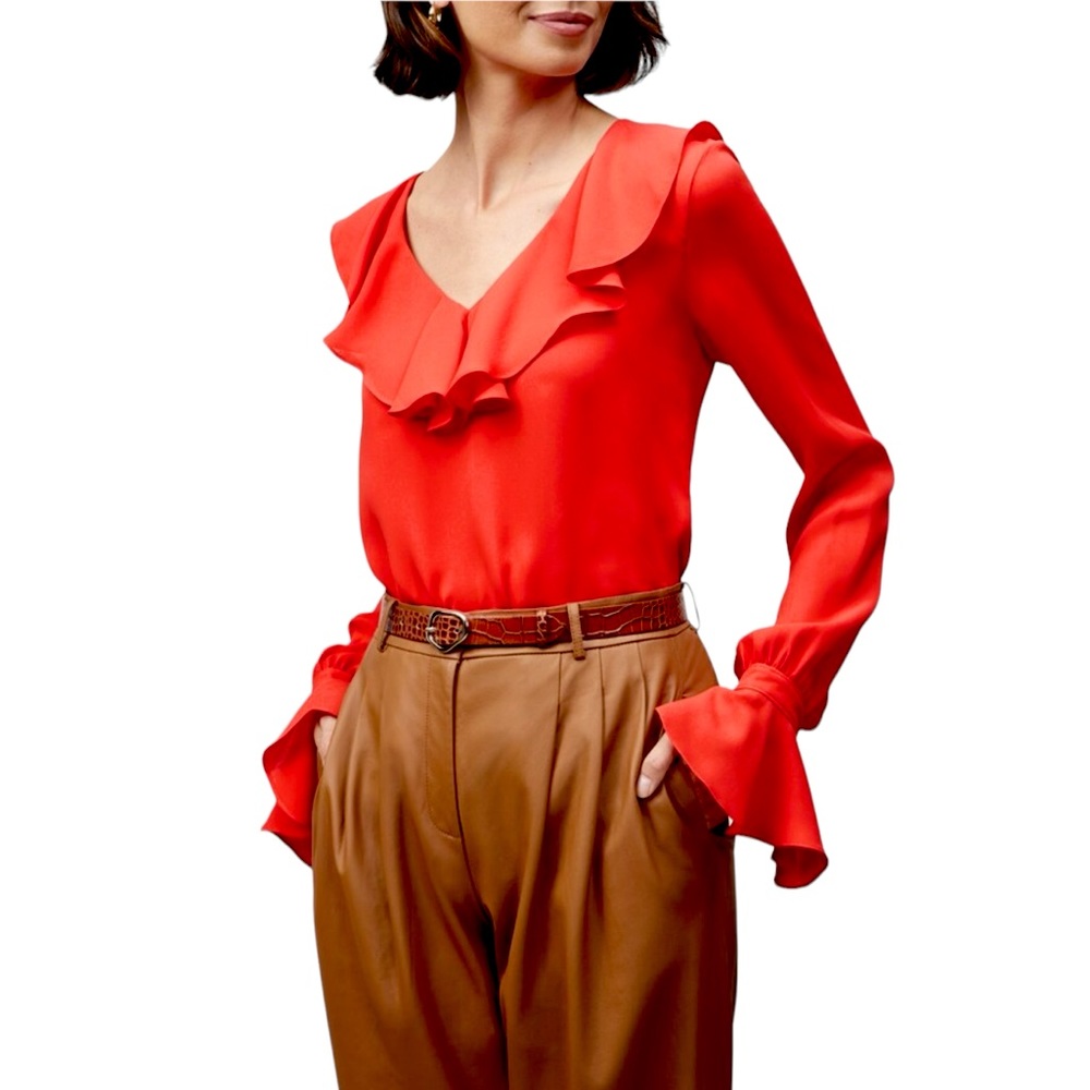 Lafayette 148 New York Sana Ruffle Double Silk Georgette Blouse size M